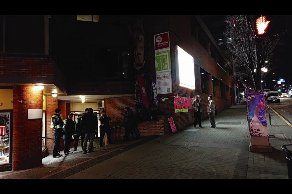 Victoria police outside the Vic Theatre after a screening of the documentary Our Time to Be Kind, about the career of provincial health officer Dr. Bonnie Henry. TIMES COLONIST 