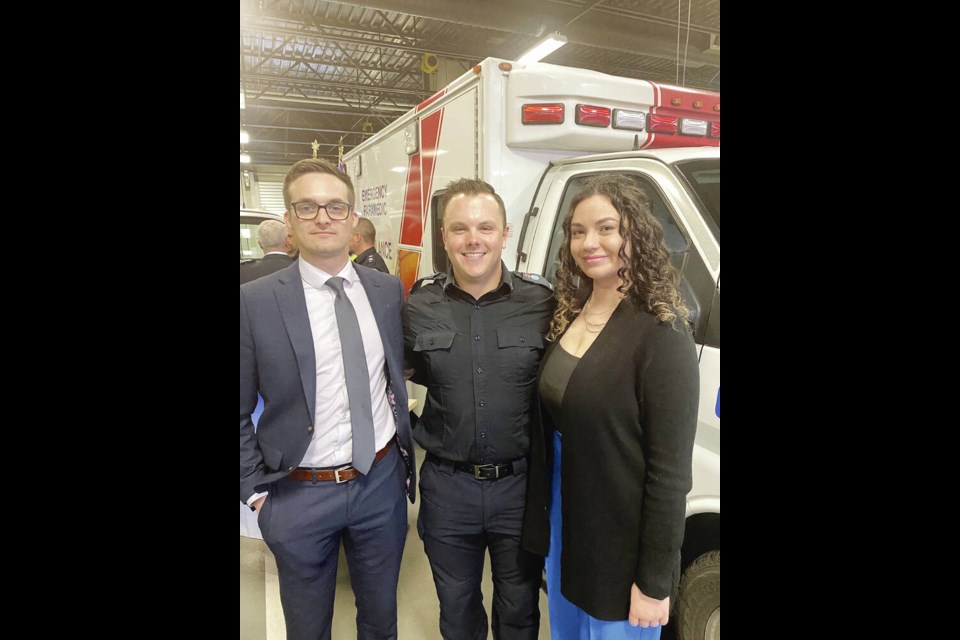 Stevan Zoric, paramedic Conor Williams and Keara Harrigan. When Zoric went into cardiac arrest during the practice at Duncan’s Sherman Road Park Soccer Fields, soccer-playing paramedic Williams was there with another team and able to help instantly when Zoric collapsed. TIMES COLONIST 