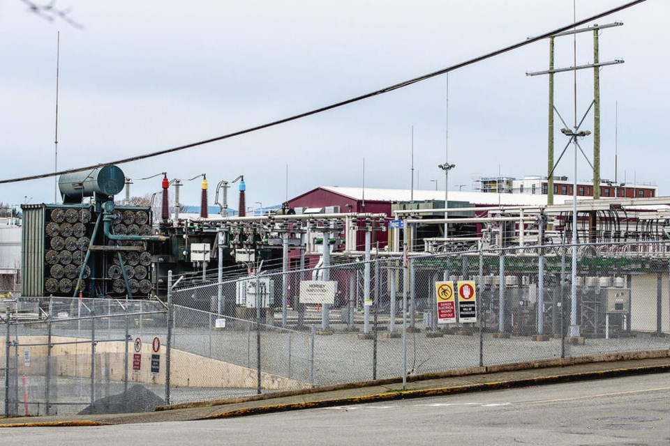 B.C. Hydro’s Horsey substation on Topaz Avenue. The underground 230 kV power cable runs to the Goward substation opposite ­Camosun College’s Interurban campus. DARREN STONE, TIMES COLONIST 