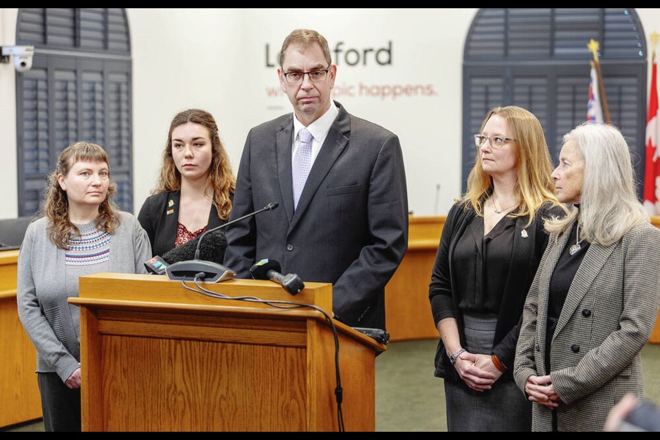 Langford Mayor Scott Goodmanson flanked by councillors Mary Wagner, Colby Harder, Kimberley Guiry and Lillian Szpak at a news conference at Langford City Hall on Wednesday where the mayor said the current council is facing increasing hostility. DARREN STONE, TIMES COLONIST 