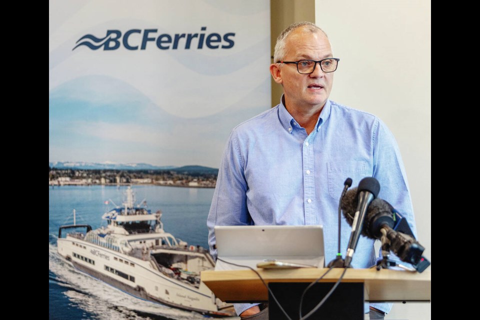 B.C. Ferries vice-president of engineering Stephen Jones gives a technical briefing on upcoming ship maintenance, on Wednesday. DARREN STONE, TIMES COLONIST 