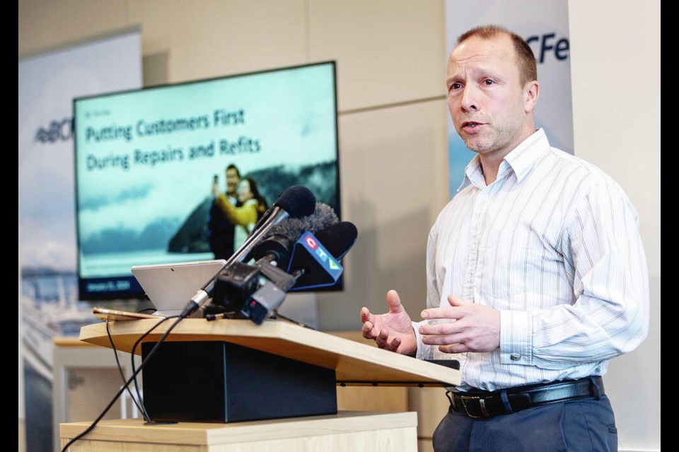 B.C. Ferries vice-president of strategy and planning Brian Anderson gives a technical briefing on upcoming ship maintenance in Victoria on Wednesday. DARREN STONE, TIMES COLONIST 