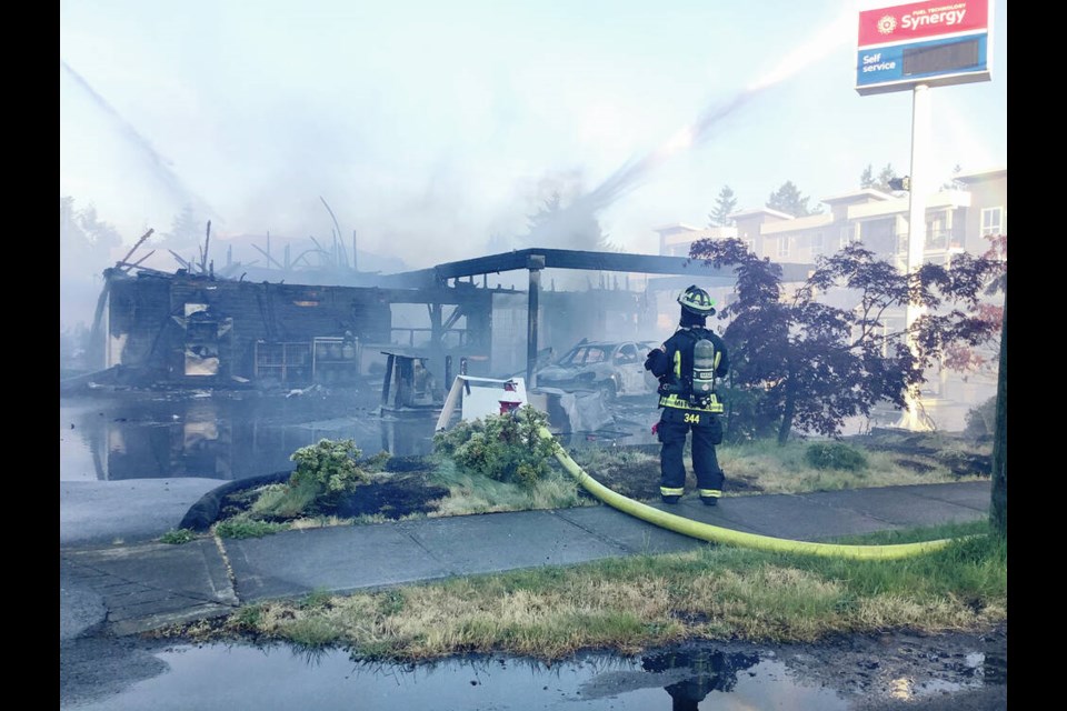 Fire destroyed the Esso Gas Station on Anderton Road in Comox after a driver struck a fuel pump on May 20, 2023. VIA COMOX FIRE RESCUE 