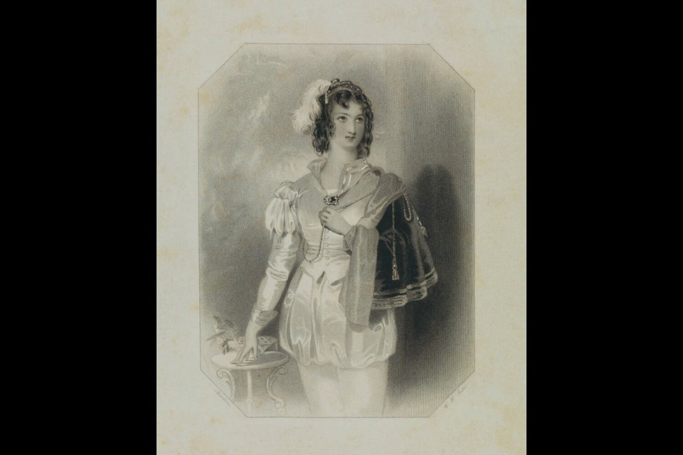 Viola dressed as a boy in Shakespeare's Twelfth Night. Stipple engraving by W.H. Mote, 1836