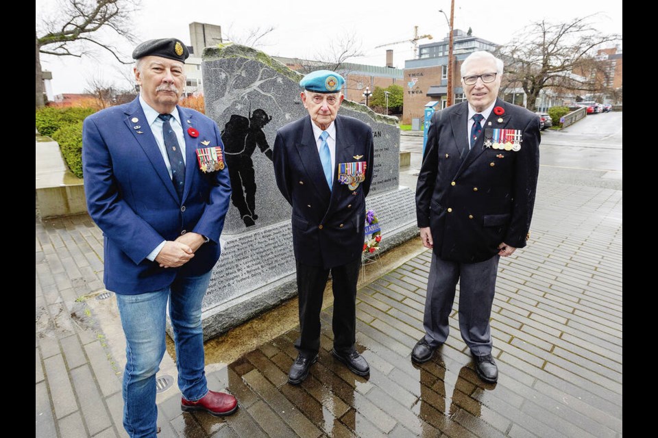 From left, Lt. Col. (Ret.) Paul Paone, Brig. Gen. (Ret.) Joseph Gollner and Lt. Cmdr. (Ret.) Gerald Pash at the British Columbia Afghanistan Memorial on Quadra Street, where a ceremony will be held on Tuesday afternoon. DARREN STONE, TIMES COLONIST 
