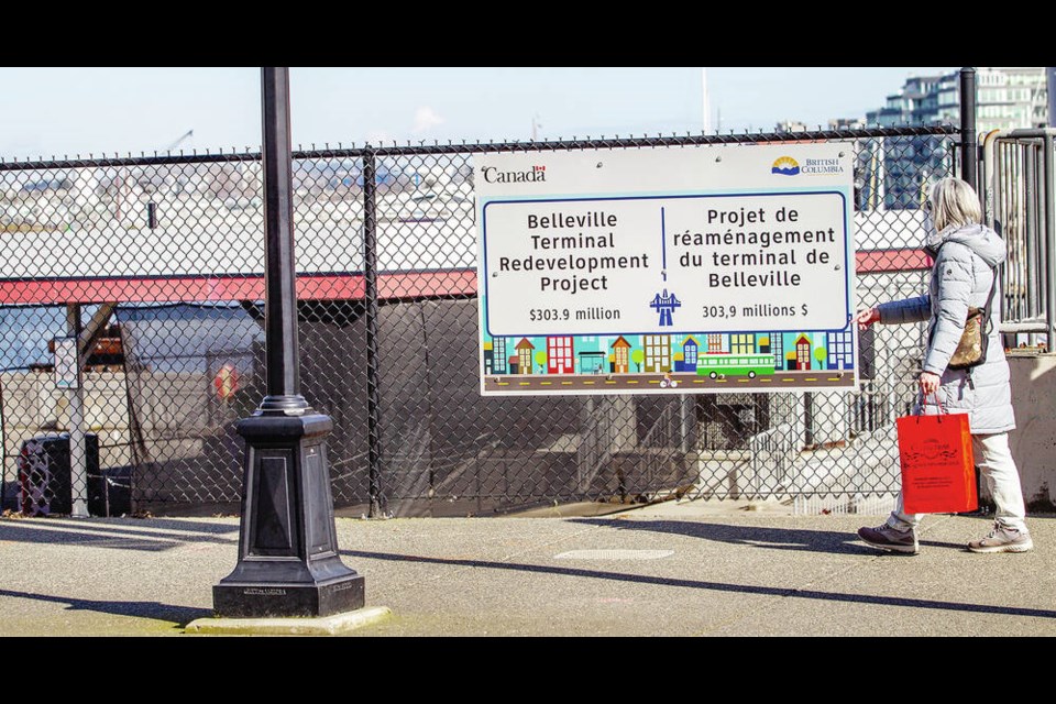 A sign at the Belleville Terminal announces the redevelopment project. DARREN STONE, TIMES COLONIST 
