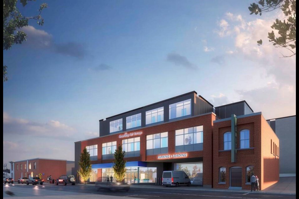 An artist’s rendering shows the view from Pembroke Street looking northwest at the proposed Smartstop Dobney Foundry project in Victoria. WPT ARCHITECTURE INC.  