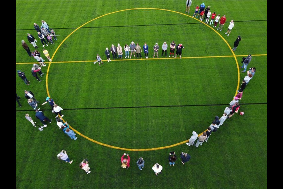 Aerial image of the opening ceremony for the Harewood Centennial Park new artificial turf fields. VIA CITY OF NANAIMO 