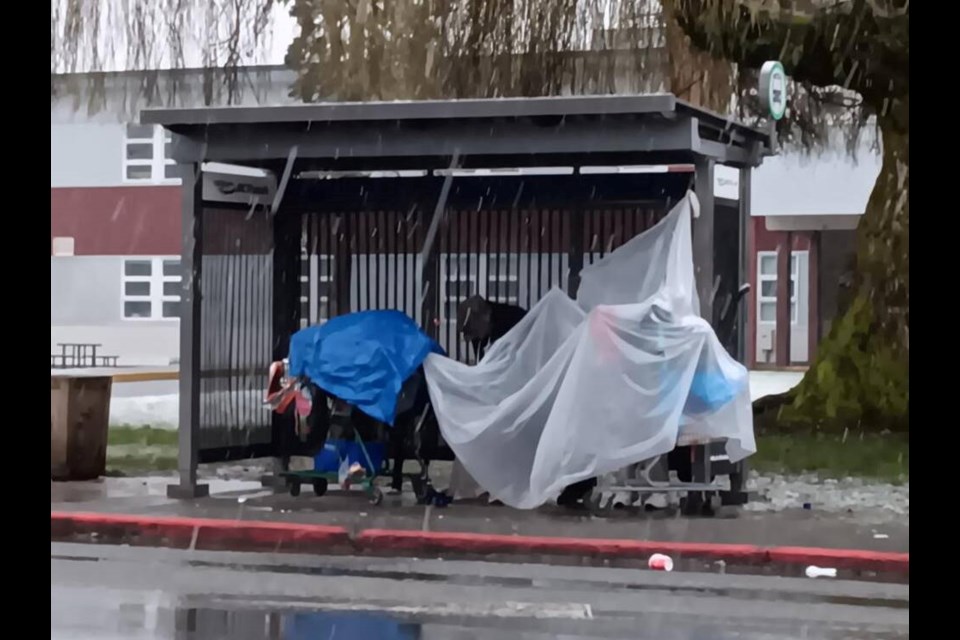 A bus shelter on James Street in Duncan, near Cowichan Secondary School in March 2024. Homeless people have been camping in some of Duncan’s bus shelters. COWICHAN VALLEY REGIONAL DISTRICT 