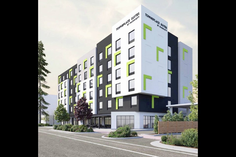 An artist’s rendering of a proposed hotel on Goldstream Avenue in Langford between Peatt and Strathmore roads. LOVICK SCOTT ARCHITECTS LTD. 