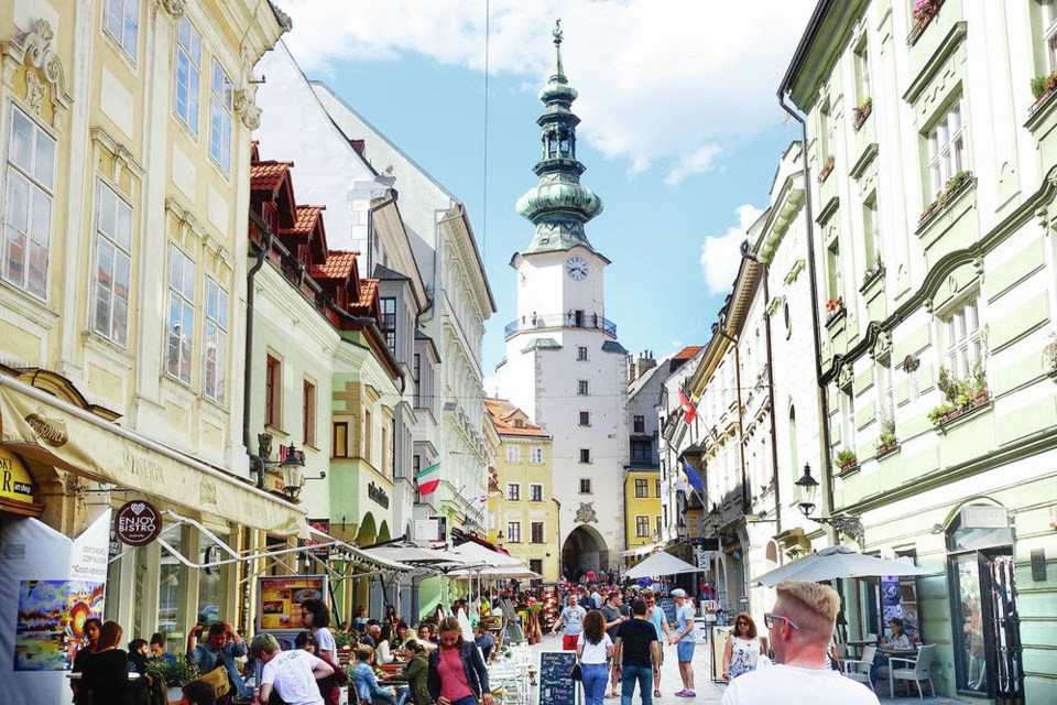 Bratislava’s old town bursts with colourfully restored facades, lively outdoor cafés, and swanky boutiques. RICK STEVES 