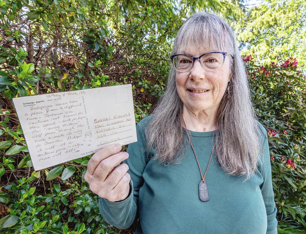 The postcard that Sherry Kirkvold sent herself from the Galapagos Islands finally arrived — 33 years after she dropped it into a whale-oil-barrel.