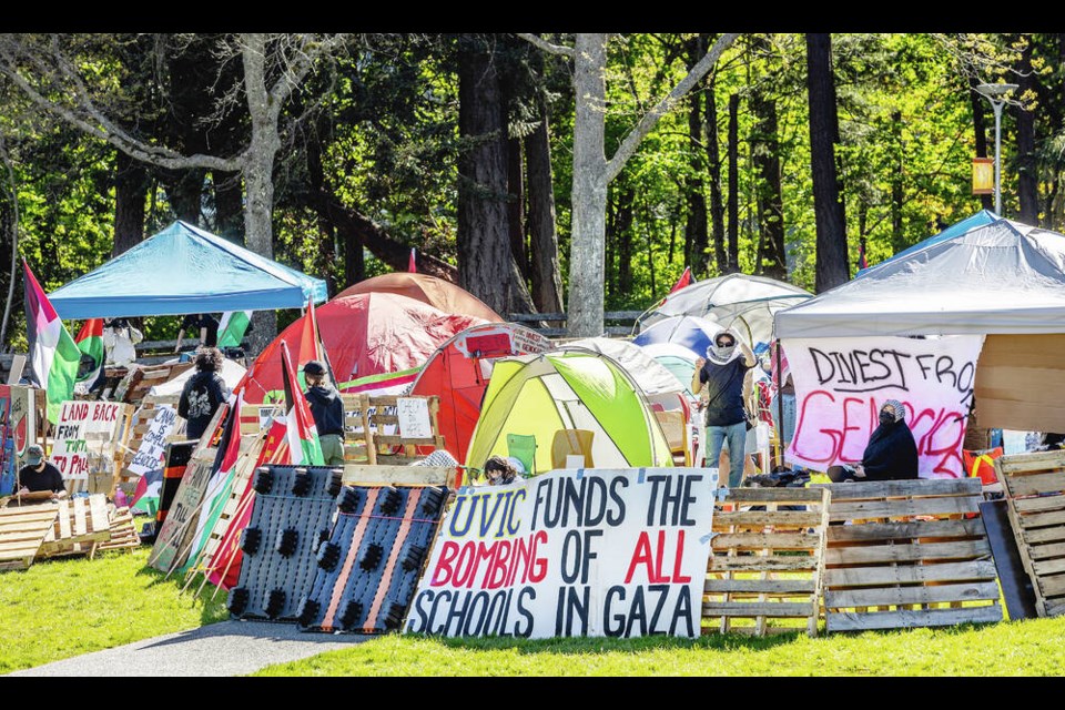 Protest encampment near the McPherson Library at UVic on Thursday. DARREN STONE, TIMES COLONIST 