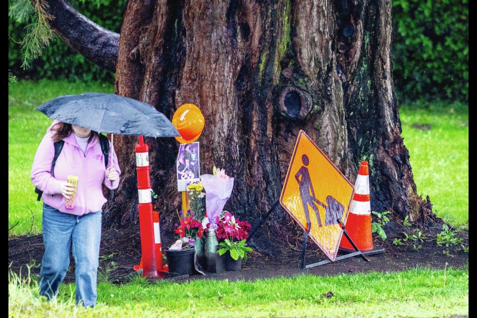 A memorial near Bowker Creek beside Monterey Avenue for Steve Seekins, the Oak Bay worker who was killed on the job a year ago. DARREN STONE, TIMES COLONIST 