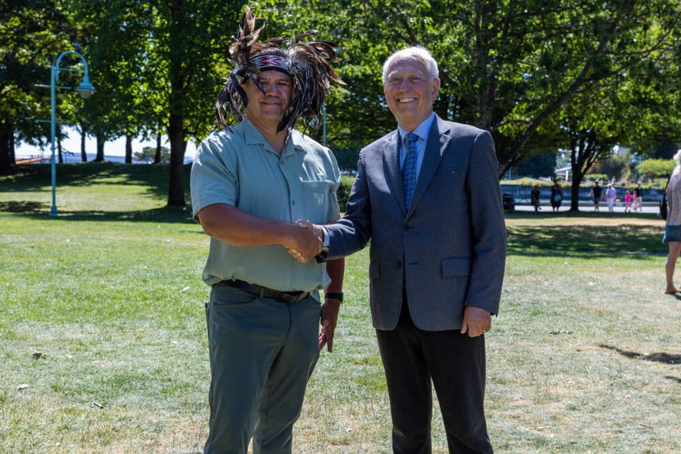 Snuneymuxw Chief Mike Wyse, left, and Indigenous Relations Minister Murray Rankin in Nanaimo on Monday, July 15, 2024, for the announcement of a transfer of 1 Terminal Ave. to the First Nation. GOVERNMENT OF B.C.