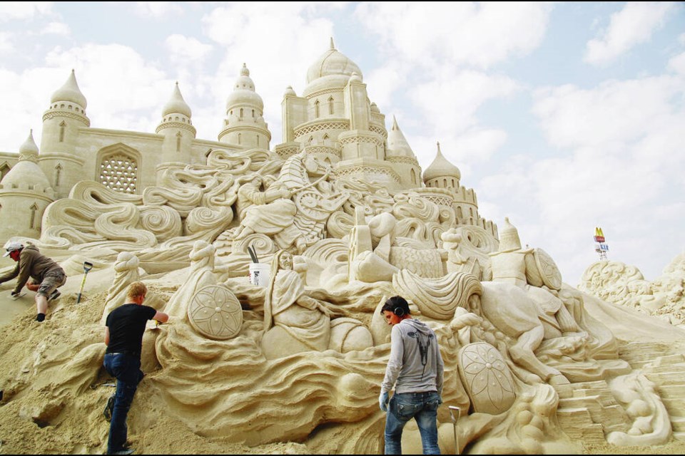 Damon Langlois was hired as the art director for massive Arabian Nights-themed sand sculptures at the Remal International Festival on a site measuring the equivalent of six football fields in the desert. But about halfway through construction in the winter of 2013, a “relentless” three-day deluge washed away a large portion of the work. VIA DAMON LANGLOIS 
