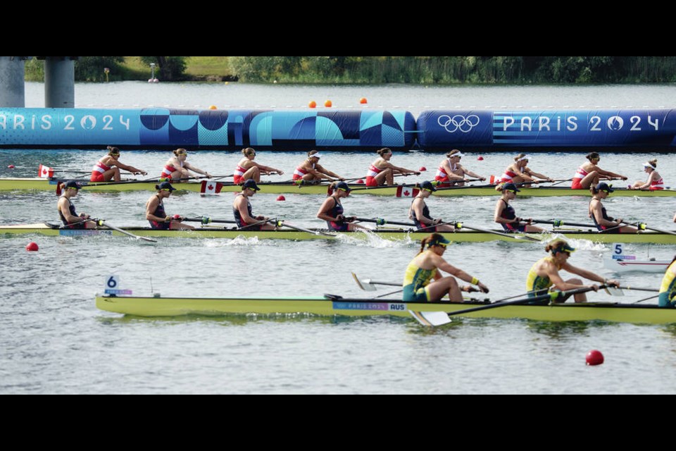 Canada’s women’s eights rowing crew, top, race to a second place finish to win the silver medal. Adrian Wyld, THE CANADIAN PRESS 
