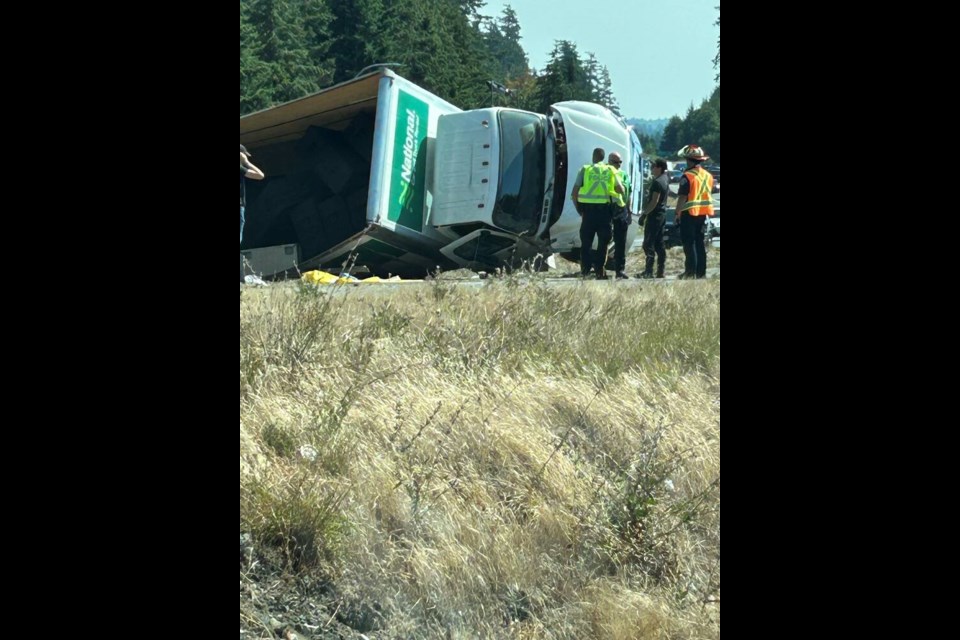 A truck carrying sound and video equipment rolled several times on the Trans-Canada Highway just before noon on Thursday, Aug. 8, 2024. BARB ARRAIS 