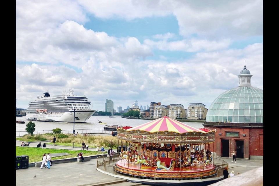The Viking Saturn arrives at its last port of call in the Royal Borough of Greenwich, with downtown London in the background. Cruise ship passengers are taken by boat to a nearby dock where they can explore the borough’s many attractions, like the Cutty Sark clipper, built in 1869, and where the photo was taken from its top deck. HANNAH PEMBERTON 