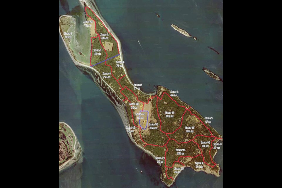 A map of deer kill zones on Sidney Island. 