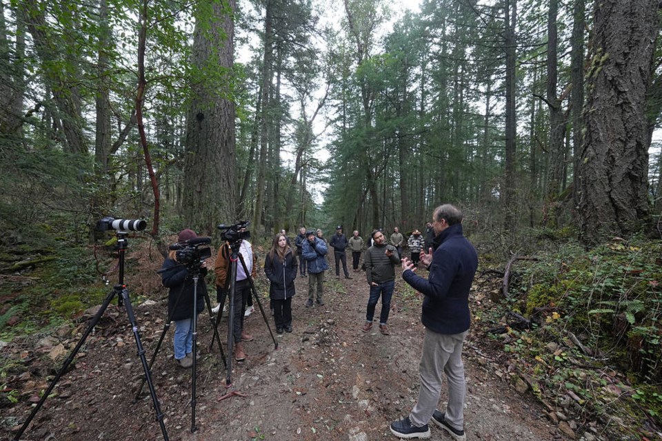 Dr. Andy Day, CEO of the BC Parks Foundation, announces the permanent protection of rare old growth forest next to ȽÁU,WELNEW/ John Dean Park. ADRIAN LAM, TIMES COLONIST 