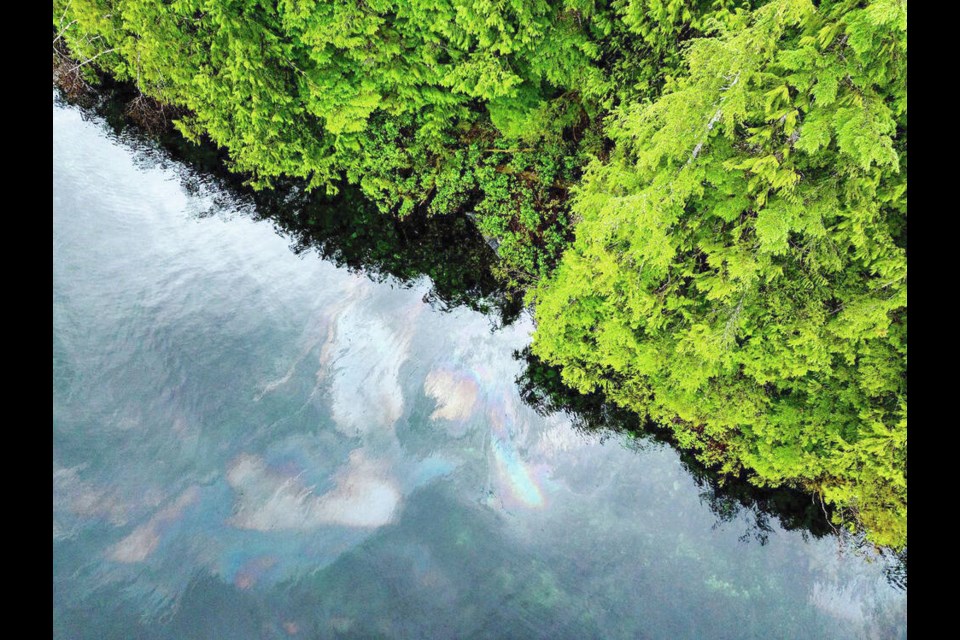 An oily sheen can be seen near Nootka Sound’s Steamer Point in this aerial photo taken on Tuesday. 
VIA NUCHATLAT NATION
 