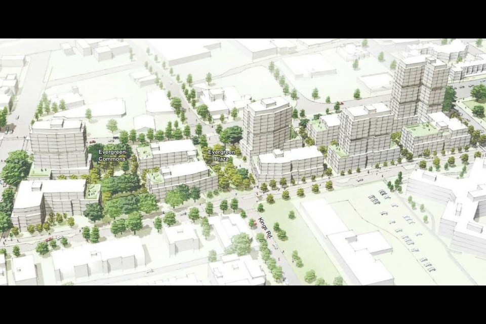 Redevelopment of Evergreen Terrace would see the existing 23 buildings of housing spread along the 2500- and 2600-blocks of Blanshard Street replaced with nine new buildings, including a 20-storey tower. D’AMBROSIO ARCHITECTURE + URBANISM FOR .BC. HOUSING 