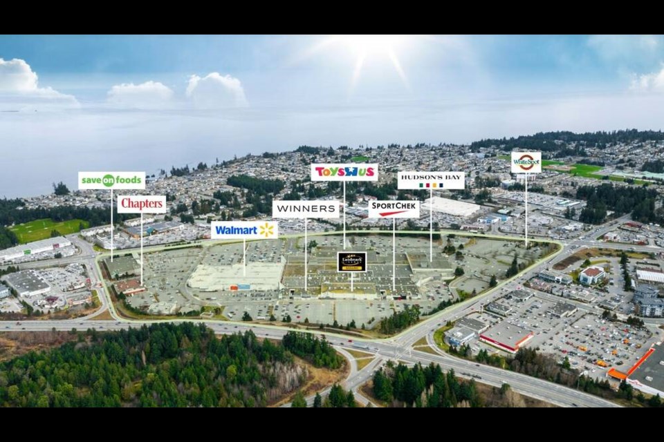 An aerial view of Woodgrove Centre in Nanaimo. The property, now up for sale, has been valued at $230 million by B.C. Assessment. COLLIERS 