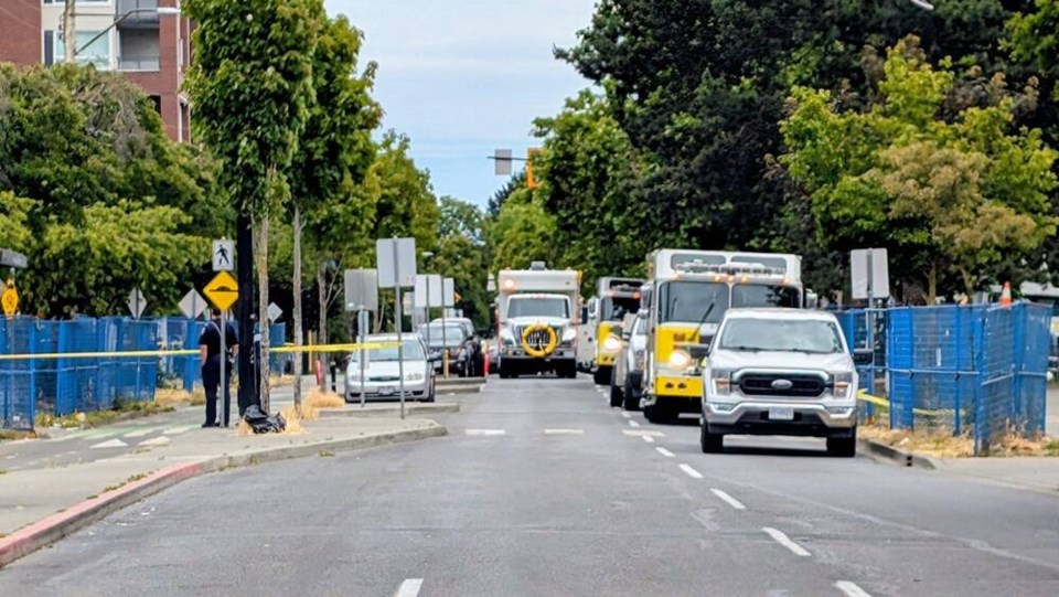 Emergency crews on scene at a gas leak on Pandora Avenue in Victoria on June 17, 2025. CHEK NEWS