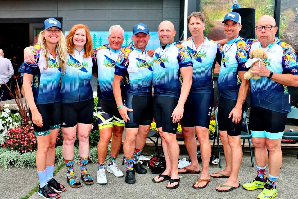 End2End riders at Victoria’s Trek Bicycle Store on Thursday following the 48-hour bike relay to Port Hardy and back to Victoria to raise money for Island Kids Cancer Association.