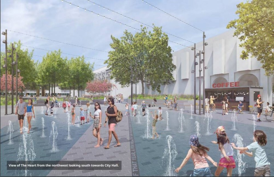 An artist’s rendering of a proposed splash park at Centennial Square in Victoria. Letter-writers are against the idea. VIA CITY OF VICTORIA