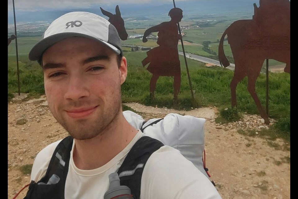 Xander Hartwood, at a spot 
known as Alto del Perdo on the Camino Frances, a 784-kilometre trail from southern France into northern Spain. ­Hartwood walked the trail in a ­little under 8.5 days. 
VIA XANDER HARTWOOD 
