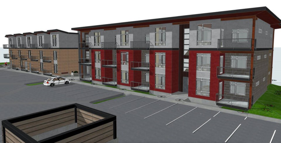 Architect’s drawing of a 48-unit apartment complex that is central to Milner Group’s 112-unit residential project in Ucluelet, which also includes townhouses and single-family lots. DHK ARCHITECTS