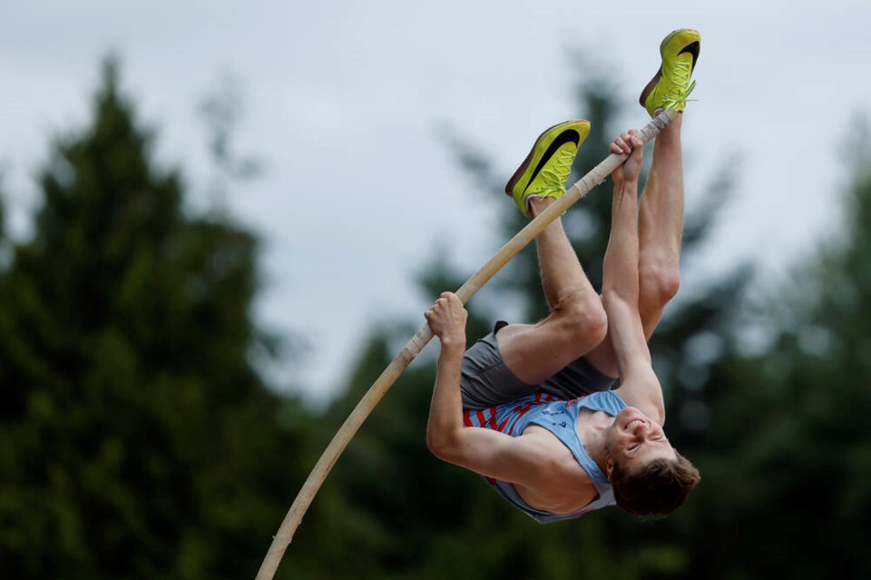Isaac Clements of the Athletics Victoria Track and Field Club powers to victory in the men’s pole vault competition at the Victoria Track Classic on Sunday at Centennial Stadium. KEVIN LIGHT, UVIC