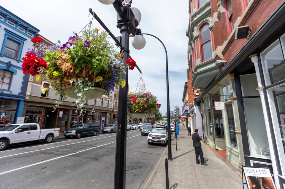 Hanging baskets are installed on Johnson Street. DARREN STONE, TIMES COLONIST