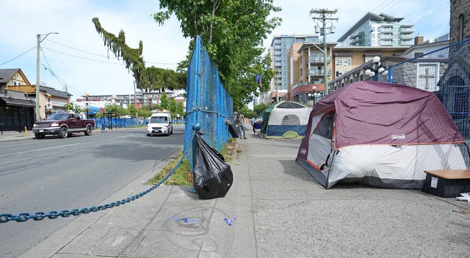 Tents stand along Pandora Avenue between Vancouver and Quadra streets in May. ADRIAN LAM, TIMES COLONIST