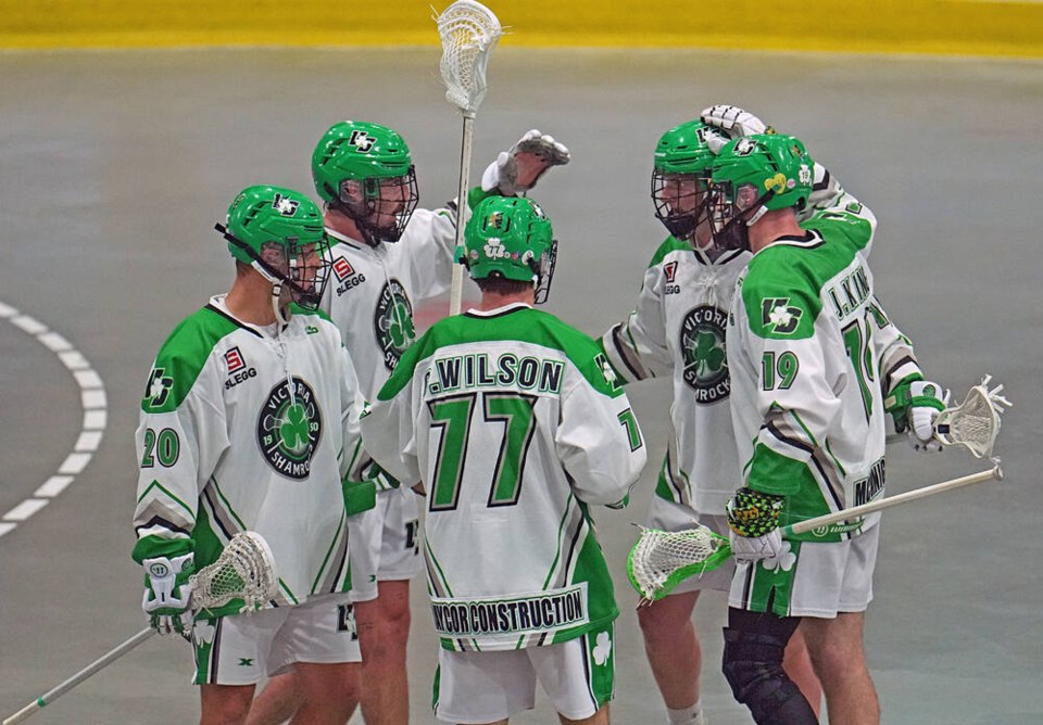 Victoria Shamrocks celebrate a goal by Patrick Dodds against the New Westminster Salmonbellies during Game 5 of the WLA first-round playoff series last August. ADRIAN LAM, TIMES COLONIST