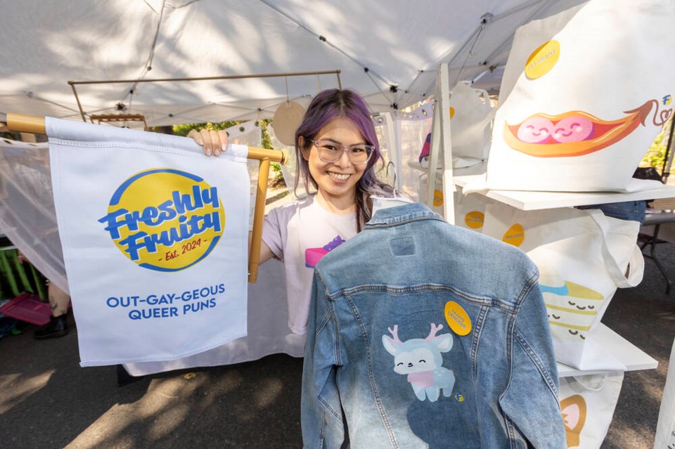 Tiffany Fok of Freshly Fruity shows her wares at the Queer & Trans Farmers Market kicking off Pride week in Greater Victoria at the Oaklands Community Centre, Saturday. DARREN STONE, TIMES COLONIST