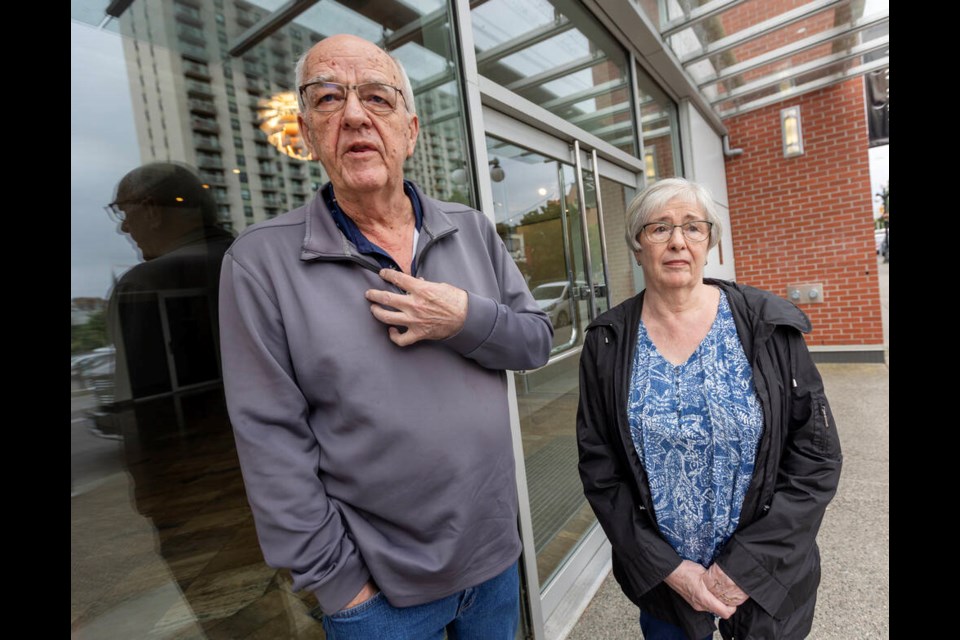 Lisa Rauch’s parents, Ron and Audrey Rauch, on Thursday morning outside the Office of the Police Complaint Commissioner public hearing. DARREN STONE, TIMES COLONIST 