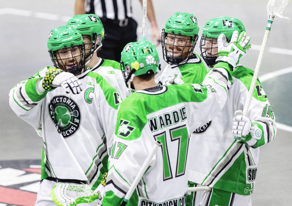 Victoria Shamrocks celebrate a goal against the Langley Thunder last year. DARREN STONE, TIMES COLONIST