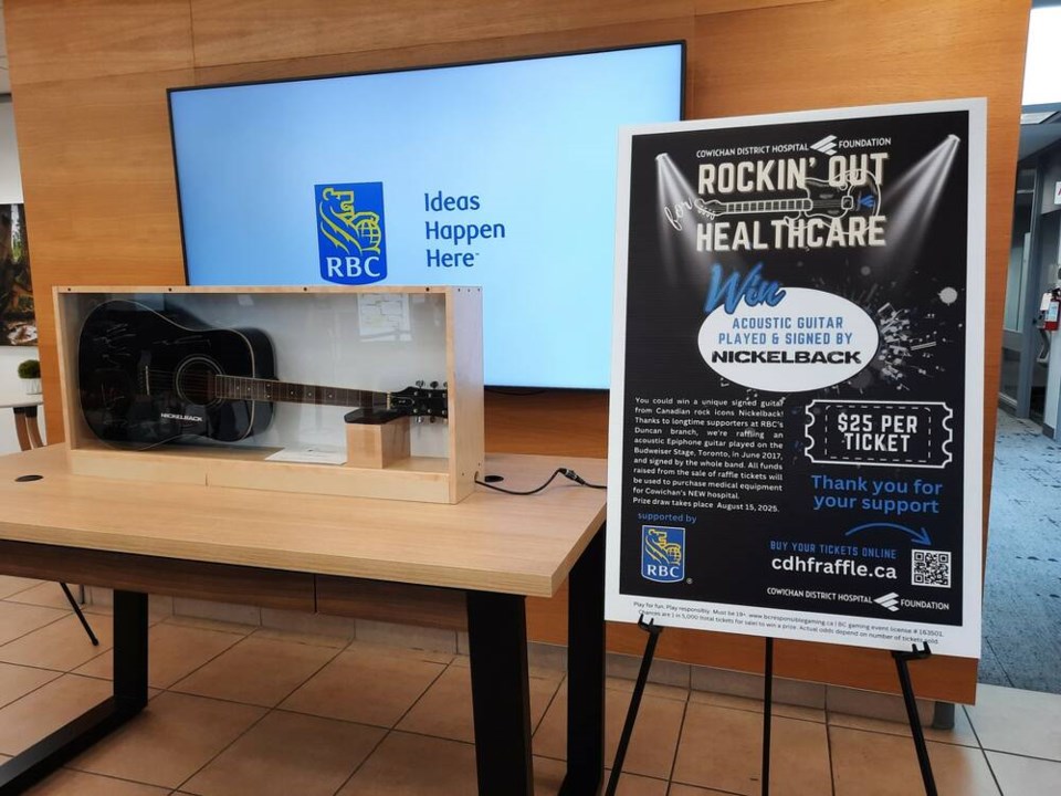 The guitar autographed by Chad Kroeger is on display at RBC in Duncan. VIA COWICHAN DISTRICT HOSPITAL FOUNDATION