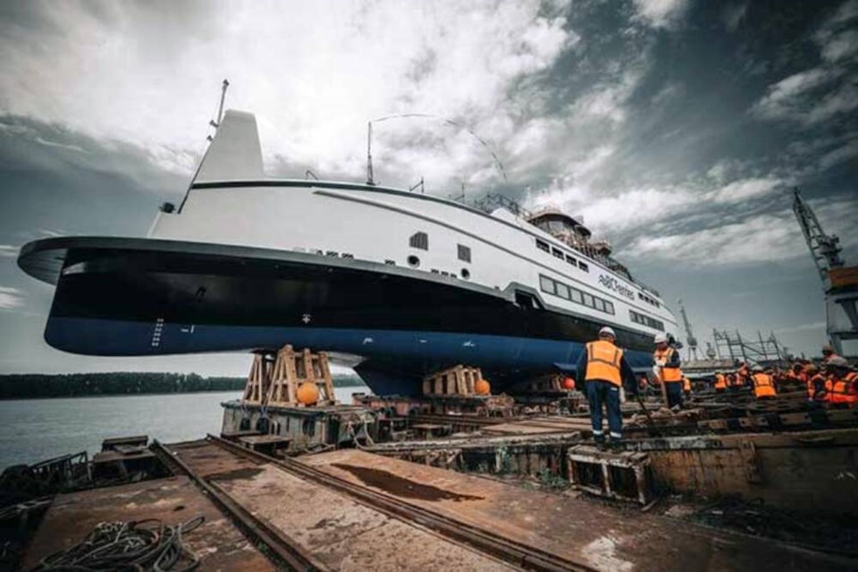 The seventh Island Class vessel built for B.C. Ferries is prepared for recent trial runs in the Danube River in Romania, where it was built, before heading to service in B.C. B.C. Ferries recently signed a contract for more ferries to be built in China. B.C. FERRIES