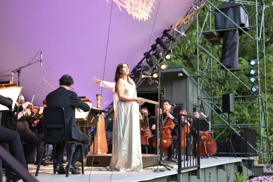 Toronto soprano Lucia Cesaroni singing with Victoria Symphony at The Butchart Gardens in 2024.	PACIFIC OPERA VICTORIA