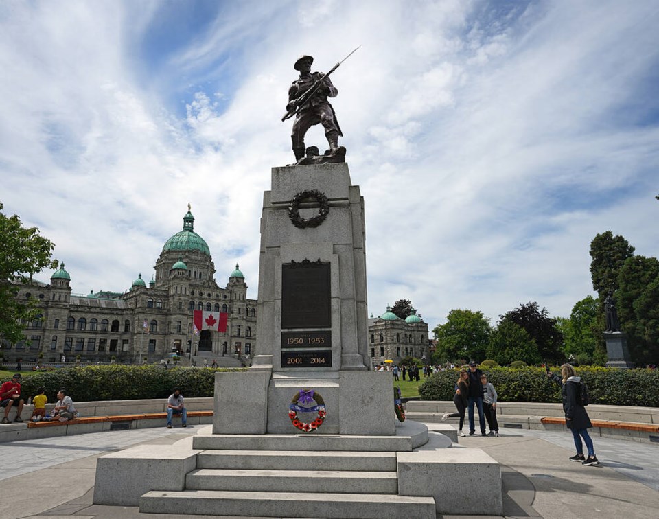 The cenotaph at the B.C. legislature was unveiled on July 12, 1925. All levels of Victoria society donated to the effort to create the memorial, writes Gerald Pash, with many giving generously above their means at a time when 25 cents could purchase a pound of sirloin steak and a loaf of bread was less than a dime. ADRIAN LAM, TIMES COLONIST