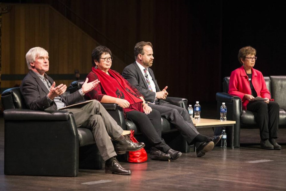 From left to right, Dr. Peter Robinson, Judith Sayers, Dr. Michael Byers and Dr. Sybil Seitzinger during the Victoria Forum at the Farquhar Auditorium in November 2017. DARREN STONE, TIMES COLONIST