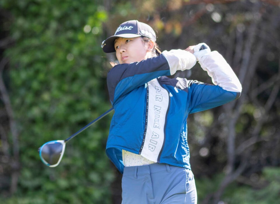 Zhehui Yu tees off on the first hole during the final round of the B.C. Junior Girls Golf Championship at Gorge Vale on Friday. DARREN STONE, TIMES COLONIST