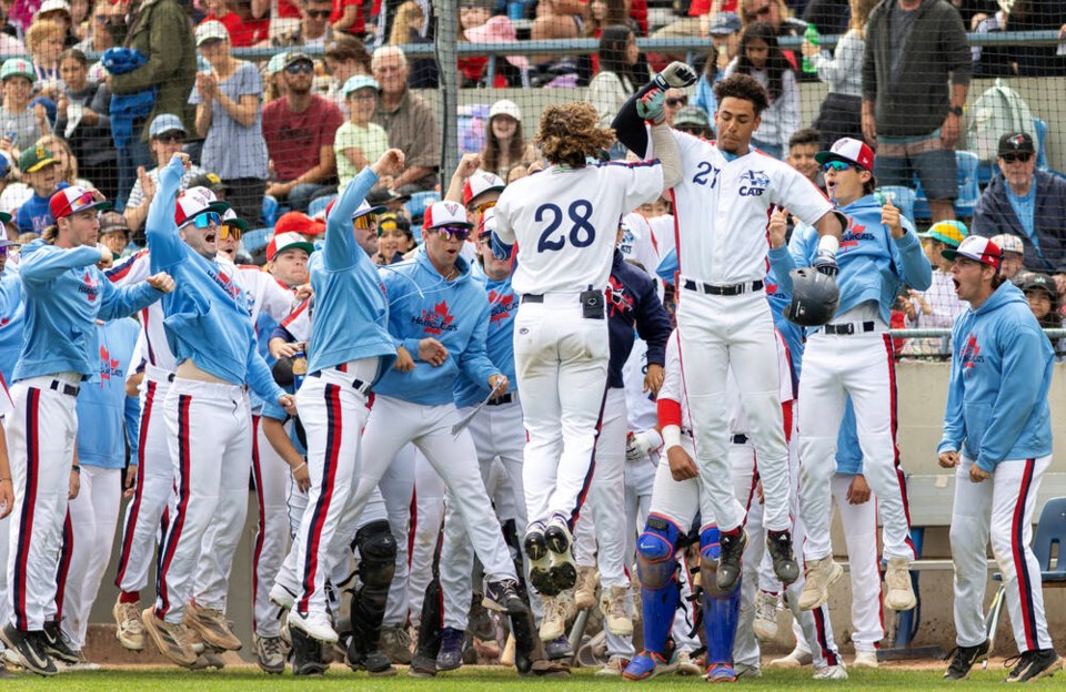 The Victoria HarbourCats celebrate a home run against Nanaimo last month. DARREN STONE, TIMES COLONIST