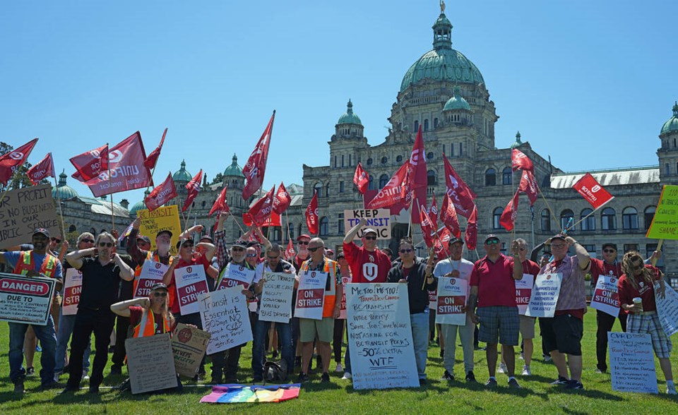 Unifor held a rally in May in front of the B.C. legislature to support striking Transdev transit workers in the Cowichan Valley. ADRIAN LAM, TIMES COLONIST