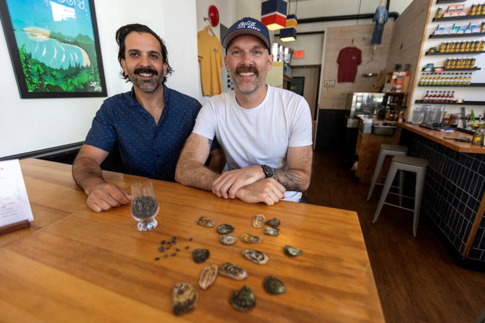 Raj Behari, left, and Jess Taylor of Shellter Rapid Composting Inc. with oyster shells and a nutrient-rich soil amendment made by mixing the acidity of coffee waste with the alkaline nature of oyster shells. It’s currently being tested against regular fertilizer through a collaboration with a PhD candidate in geography from the University of Victoria, and FED Urban Agriculture, an urban farm in Vic West. DARREN STONE, TIMES COLONIST 