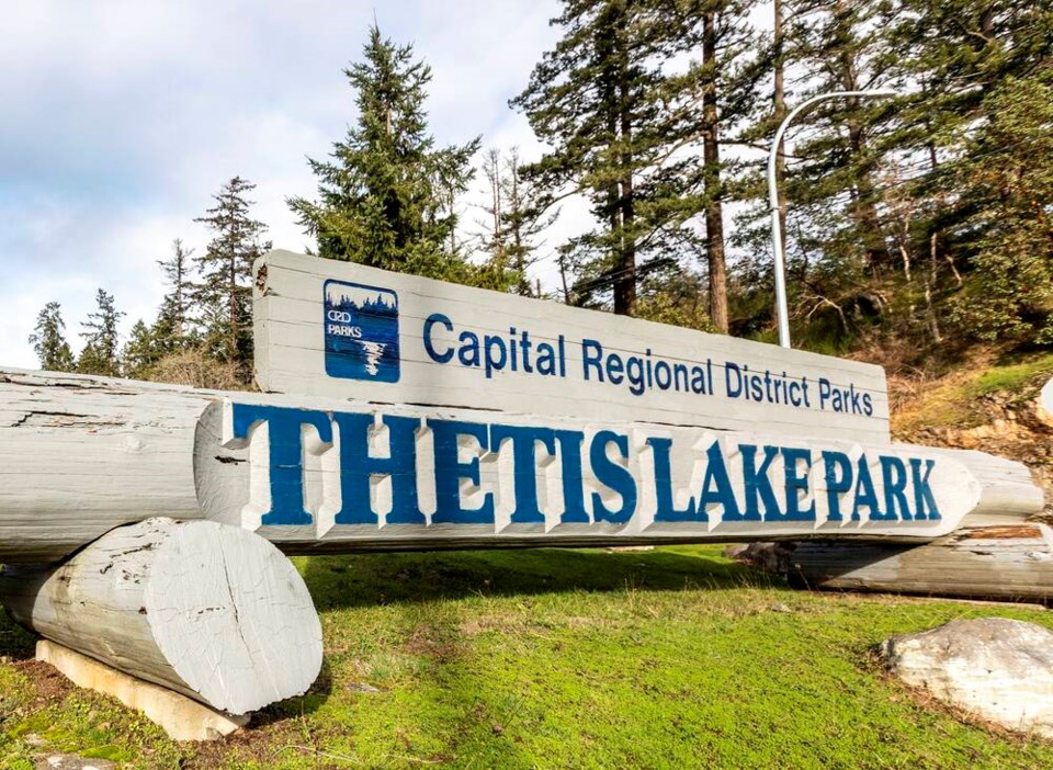 The sign at Thetis Lake Regional Park in View Royal is seen in a 2023 file photo. DARREN STONE, TIMES COLONIST